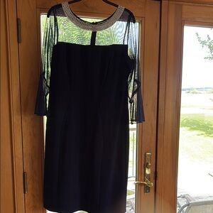 Alex Eveings Elegant Navy Blue Sheath Dress with Sheer 3/4 Sleeves